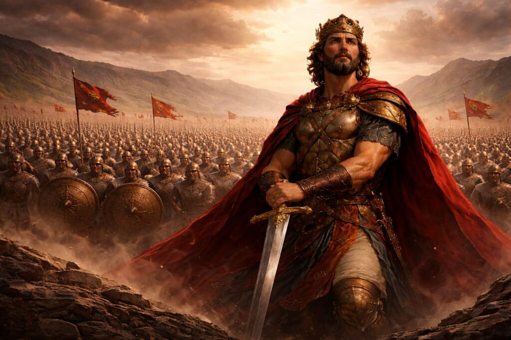 “King David standing fearless before ten thousand soldiers – Psalm 3:6 faith over fear illustration”